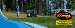 a man golfing in the background with the words "presenting sponsor: Aarrow Automotive"